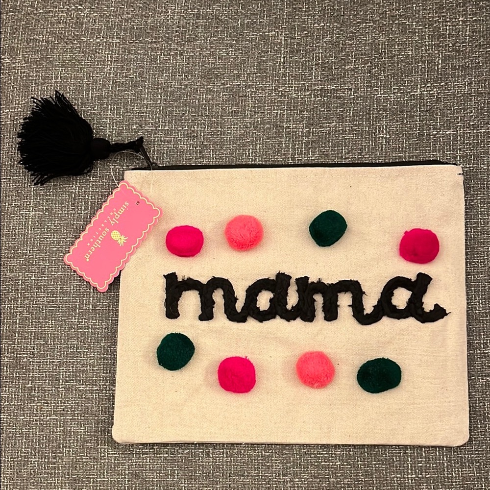 NWT Simply Southern Pom Pom Mama Pouch - Cream with Pink and Green Accents